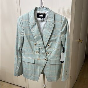 DKNY Checkered Blazer and Skirt in Soft Blue and Beige